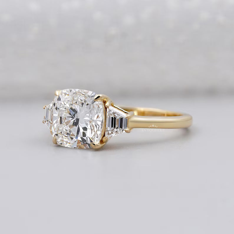 Cushion 3.00tcw Engagement Ring | Lab Diamond Three Stone Ring with Baguette Sides | Yellow Gold Ring