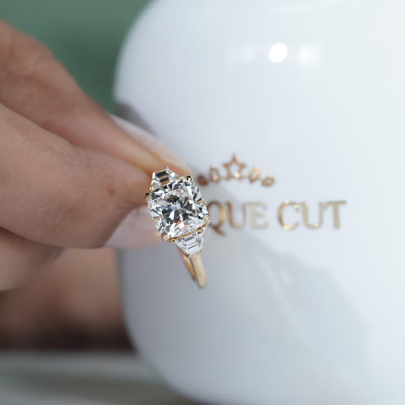 Cushion 3.00tcw Engagement Ring | Lab Diamond Three Stone Ring with Baguette Sides | Yellow Gold Ring