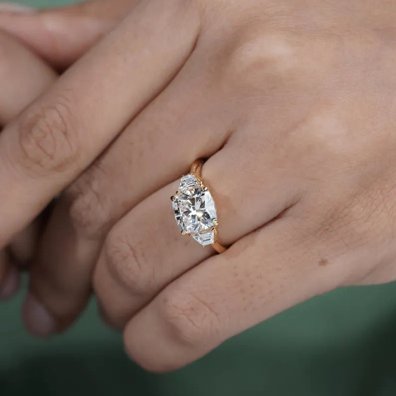 Cushion 3.00tcw Engagement Ring | Lab Diamond Three Stone Ring with Baguette Sides | Yellow Gold Ring