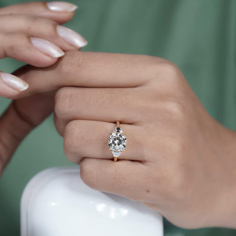 Cushion 3.00tcw Engagement Ring | Lab Diamond Three Stone Ring with Baguette Sides | Yellow Gold Ring