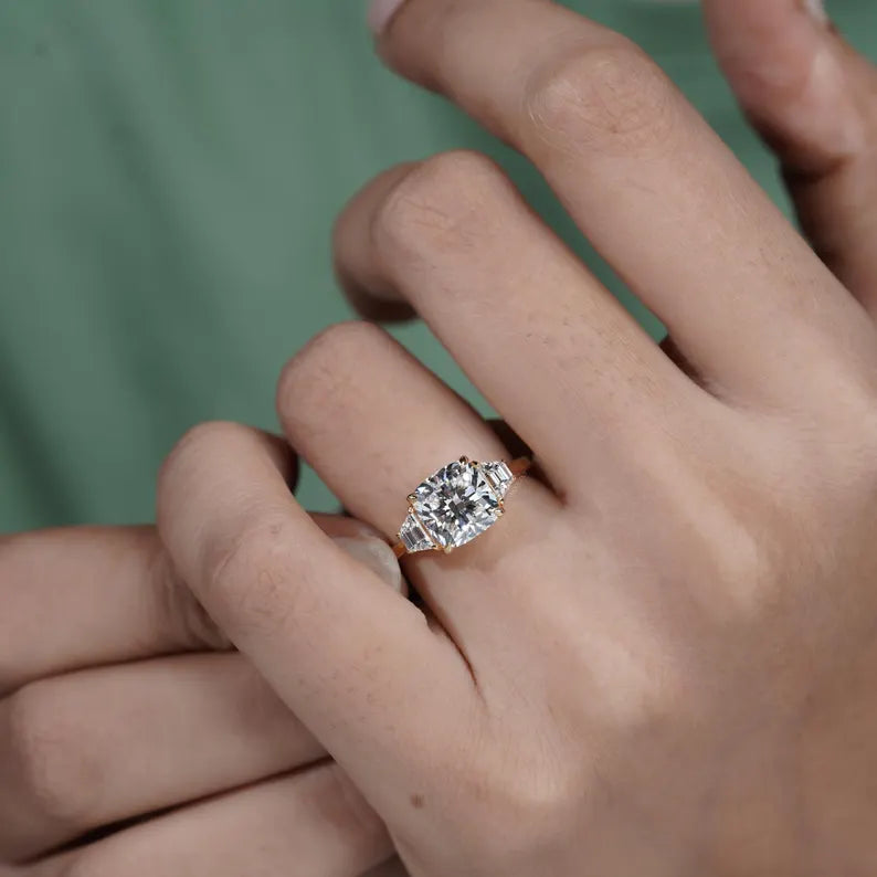 Cushion 3.00tcw Engagement Ring | Lab Diamond Three Stone Ring with Baguette Sides | Yellow Gold Ring