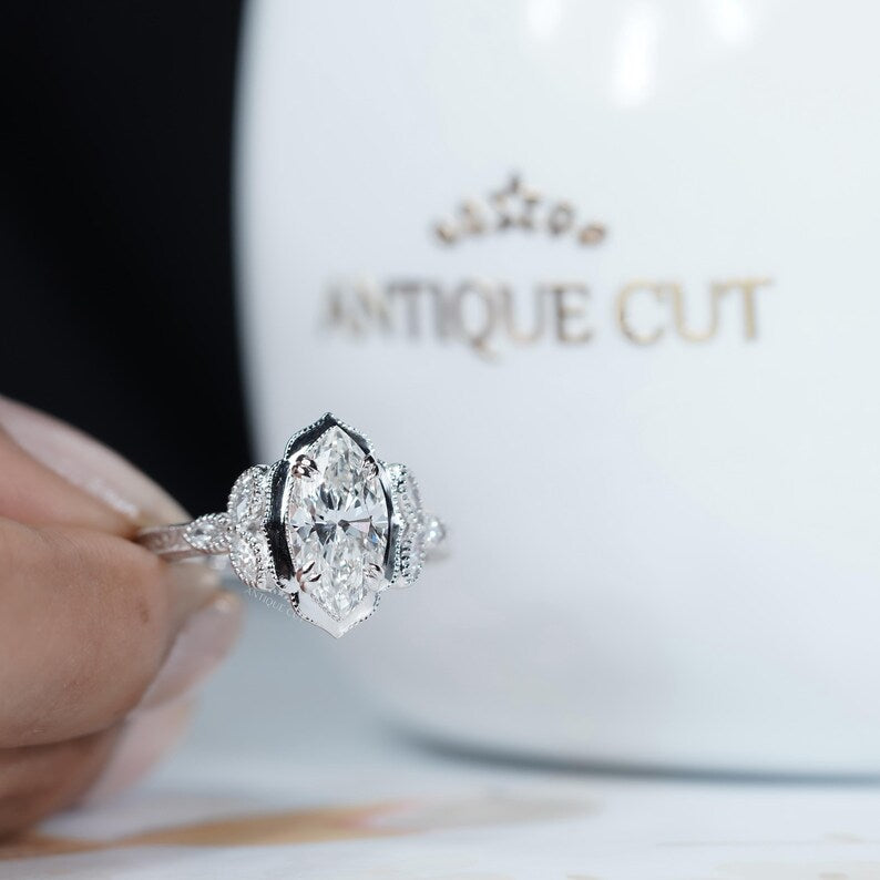 2.50ct Marquise Lab Grown Diamond Engagement Ring | 2ct Marquise Center with 0.50ct Side Stones | Vintage Diamond Ring | IGI Certified Ring