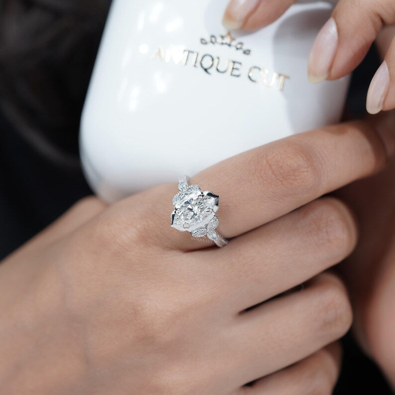 2.50ct Marquise Lab Grown Diamond Engagement Ring | 2ct Marquise Center with 0.50ct Side Stones | Vintage Diamond Ring | IGI Certified Ring
