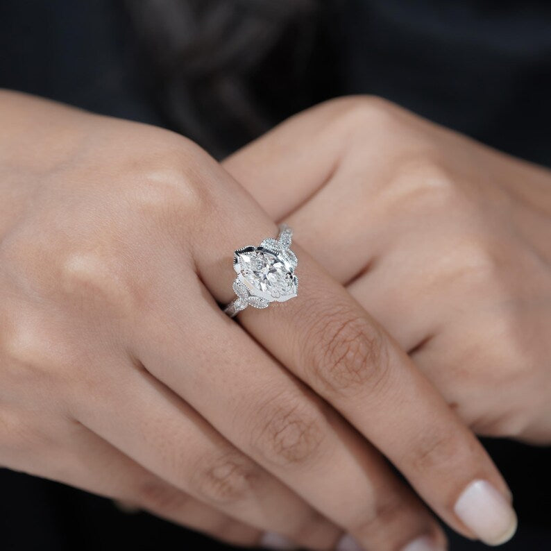 2.50ct Marquise Lab Grown Diamond Engagement Ring | 2ct Marquise Center with 0.50ct Side Stones | Vintage Diamond Ring | IGI Certified Ring