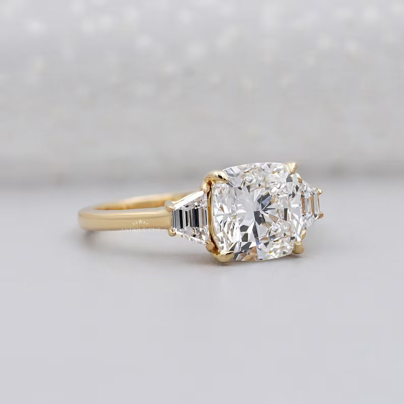 Cushion 3.00tcw Engagement Ring | Lab Diamond Three Stone Ring with Baguette Sides | Yellow Gold Ring