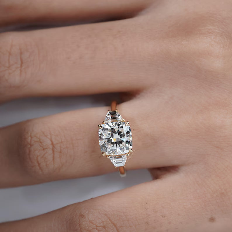 Cushion 3.00tcw Engagement Ring | Lab Diamond Three Stone Ring with Baguette Sides | Yellow Gold Ring