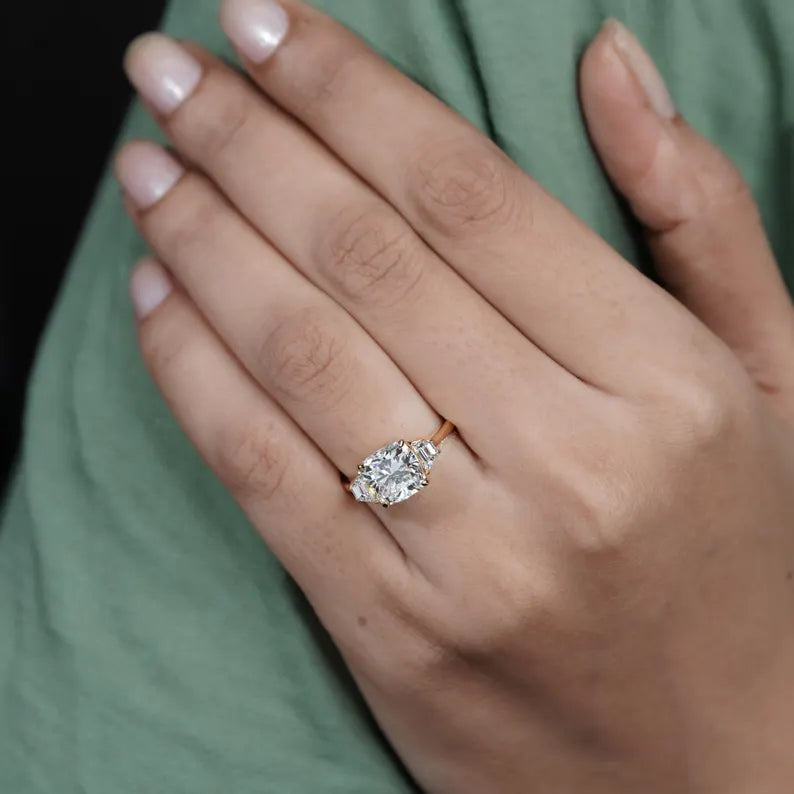 Cushion 3.00tcw Engagement Ring | Lab Diamond Three Stone Ring with Baguette Sides | Yellow Gold Ring