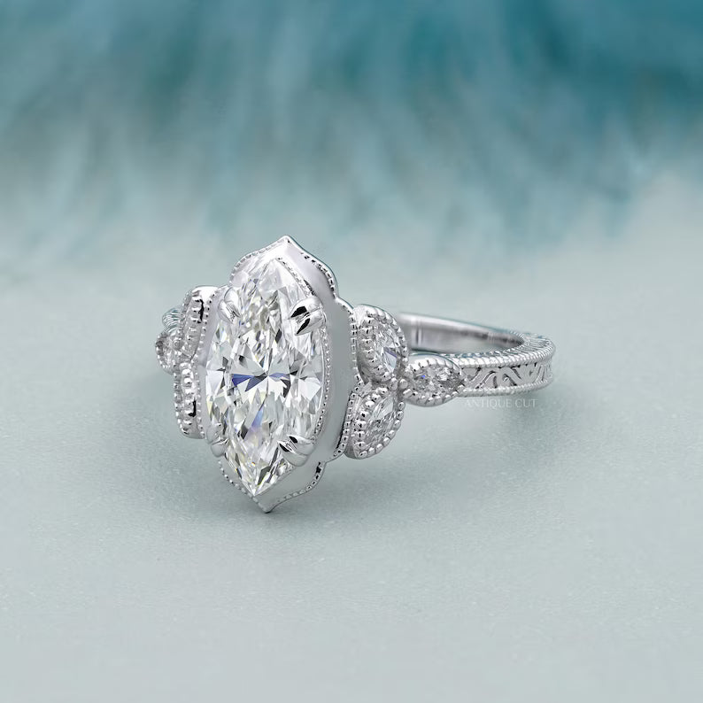 2.50ct Marquise Lab Grown Diamond Engagement Ring | 2ct Marquise Center with 0.50ct Side Stones | Vintage Diamond Ring | IGI Certified Ring