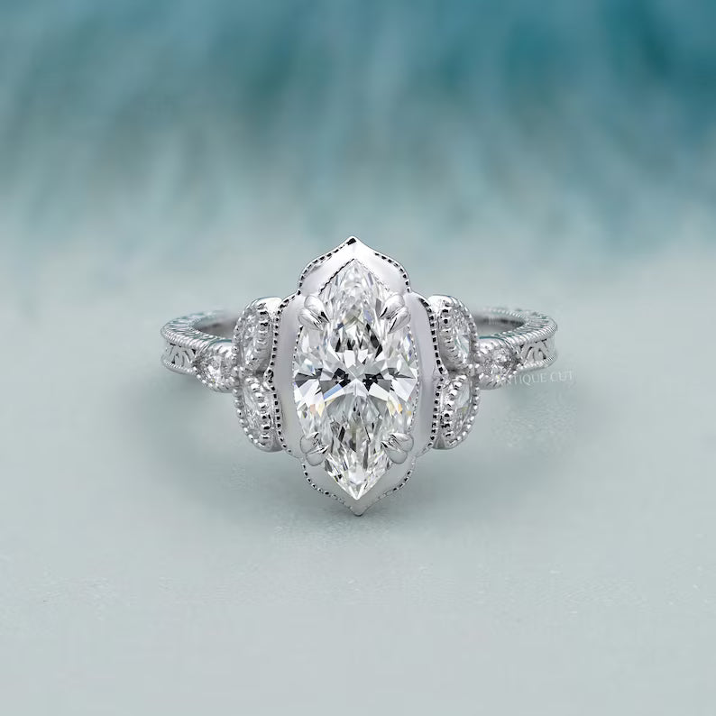 2.50ct Marquise Lab Grown Diamond Engagement Ring | 2ct Marquise Center with 0.50ct Side Stones | Vintage Diamond Ring | IGI Certified Ring