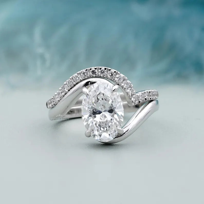 3.40TCW Oval Diamond Bypass Engagement Ring, 0.40ct Round Diamond Band, Lab Grown Diamond Ring IGI Certified D-E-F VVS-VS.
