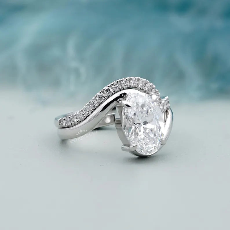 3.40TCW Oval Diamond Bypass Engagement Ring, 0.40ct Round Diamond Band, Lab Grown Diamond Ring IGI Certified D-E-F VVS-VS.