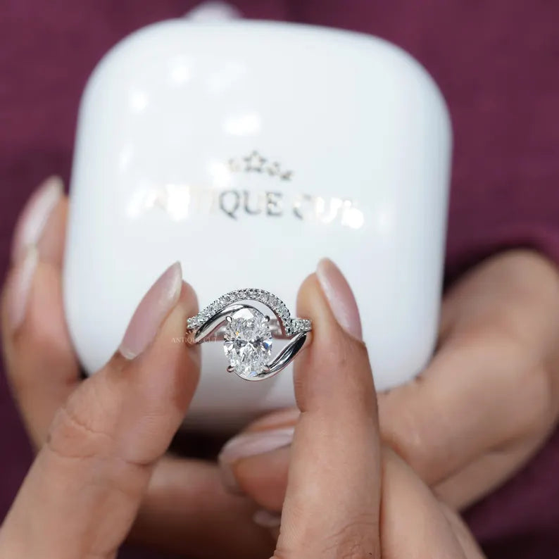 3.40TCW Oval Diamond Bypass Engagement Ring, 0.40ct Round Diamond Band, Lab Grown Diamond Ring IGI Certified D-E-F VVS-VS.