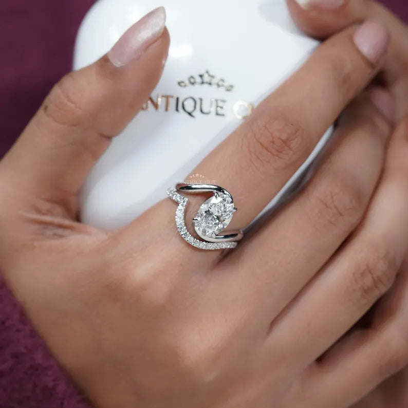 3.40TCW Oval Diamond Bypass Engagement Ring, 0.40ct Round Diamond Band, Lab Grown Diamond Ring IGI Certified D-E-F VVS-VS.