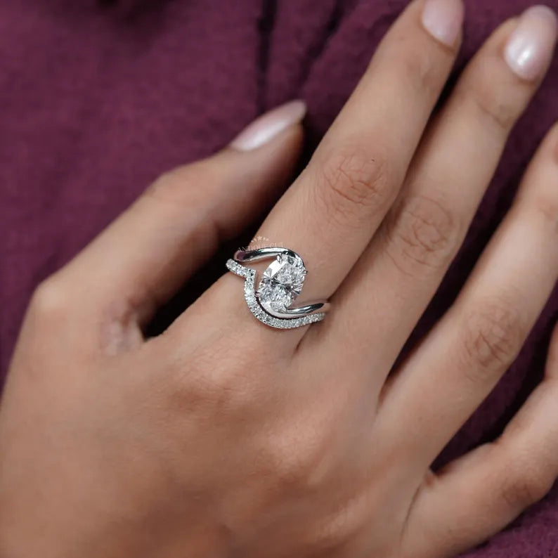 3.40TCW Oval Diamond Bypass Engagement Ring, 0.40ct Round Diamond Band, Lab Grown Diamond Ring IGI Certified D-E-F VVS-VS.