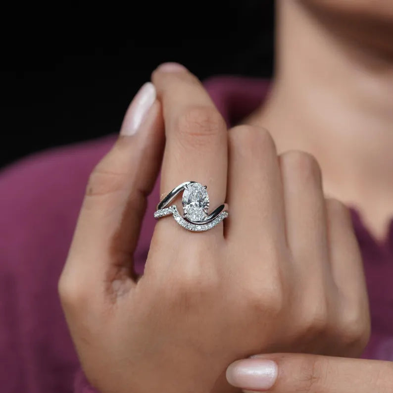 3.40TCW Oval Diamond Bypass Engagement Ring, 0.40ct Round Diamond Band, Lab Grown Diamond Ring IGI Certified D-E-F VVS-VS.