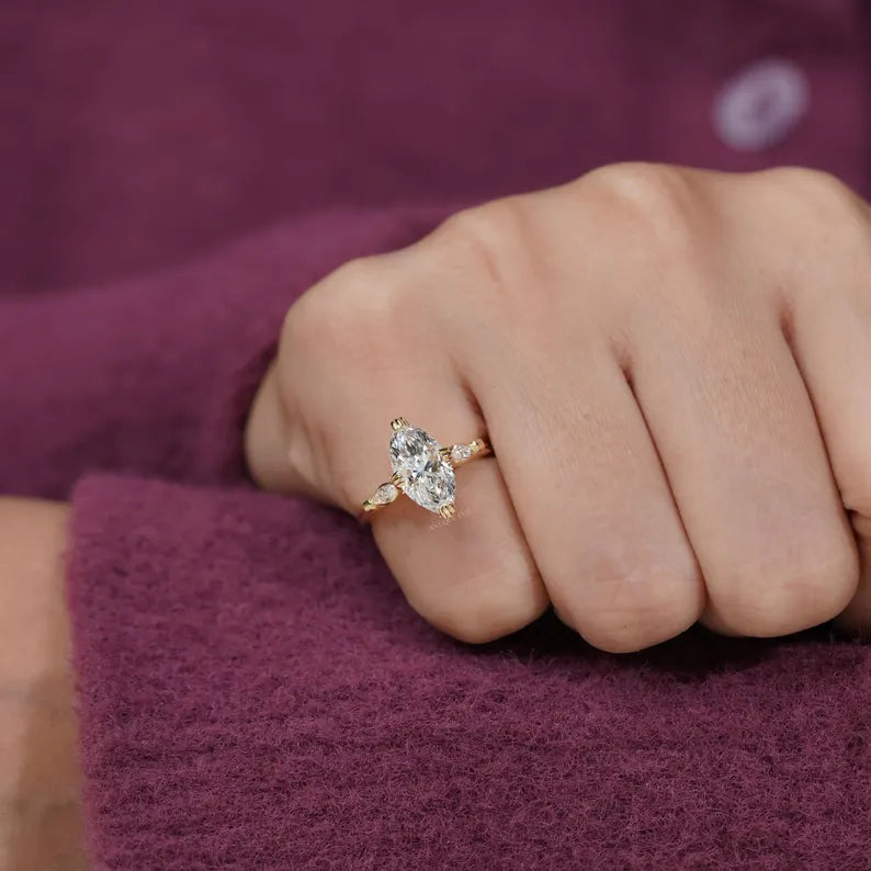 2.30 TCW Marquise Diamond Engagement Ring, 0.30ct Marquise Side Stones, Yellow Gold Three-Stone Ring , Lab Diamond Ring , IGI Certified.