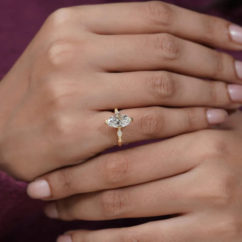 2.30 TCW Marquise Diamond Engagement Ring, 0.30ct Marquise Side Stones, Yellow Gold Three-Stone Ring , Lab Diamond Ring , IGI Certified.