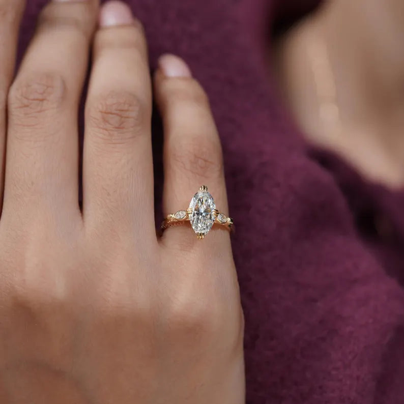 2.30 TCW Marquise Diamond Engagement Ring, 0.30ct Marquise Side Stones, Yellow Gold Three-Stone Ring , Lab Diamond Ring , IGI Certified.