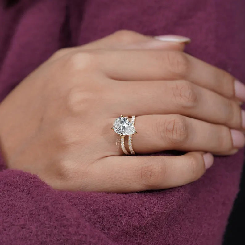 Pear 3.70tcw Lab Diamond Ring | Split Shank Pave Band | Luxury Engagement Ring