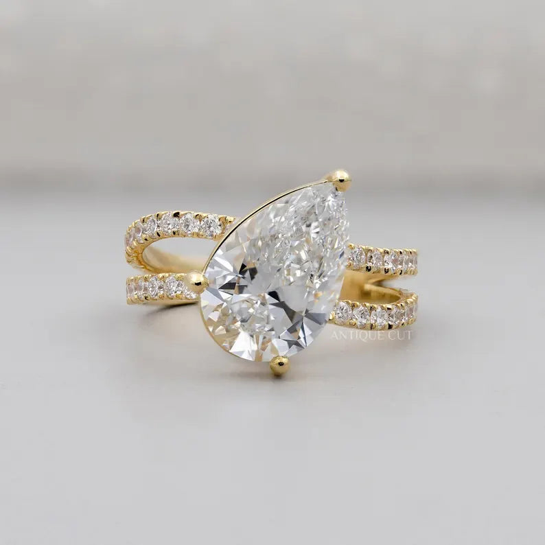 Pear 3.70tcw Lab Diamond Ring | Split Shank Pave Band | Luxury Engagement Ring