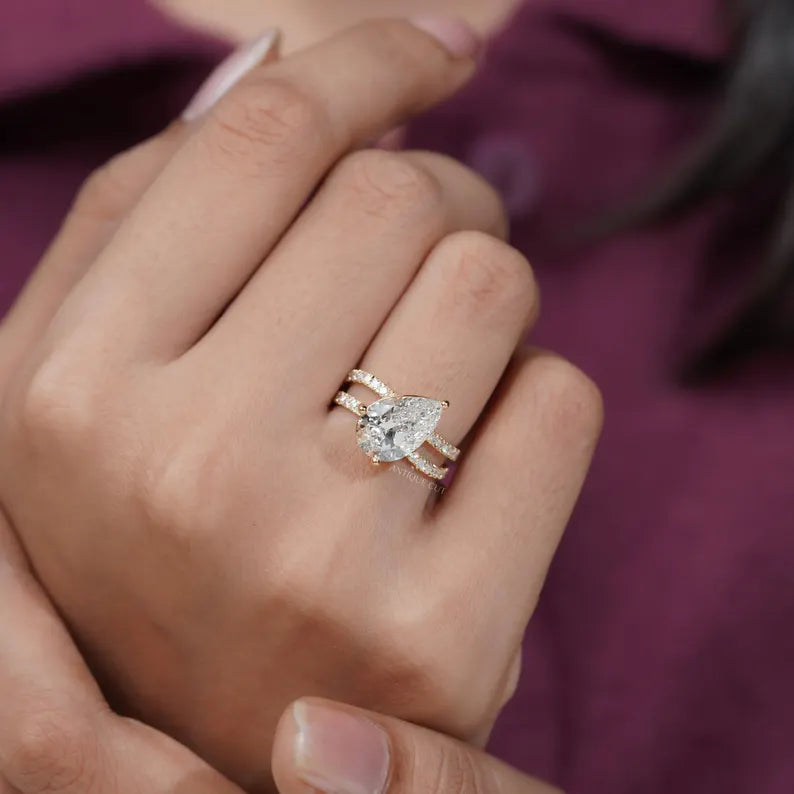 Pear 3.70tcw Lab Diamond Ring | Split Shank Pave Band | Luxury Engagement Ring