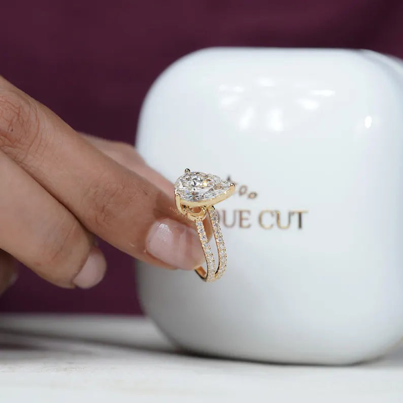 Pear 3.70tcw Lab Diamond Ring | Split Shank Pave Band | Luxury Engagement Ring
