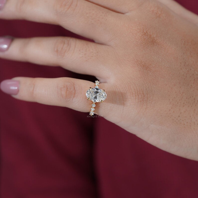 4.00TCW Oval Diamond Engagement Ring, 1.00ct Round Diamond Band & Hidden Halo Lab Diamond Ring | IGI Certified D-E-F VVS-VS.