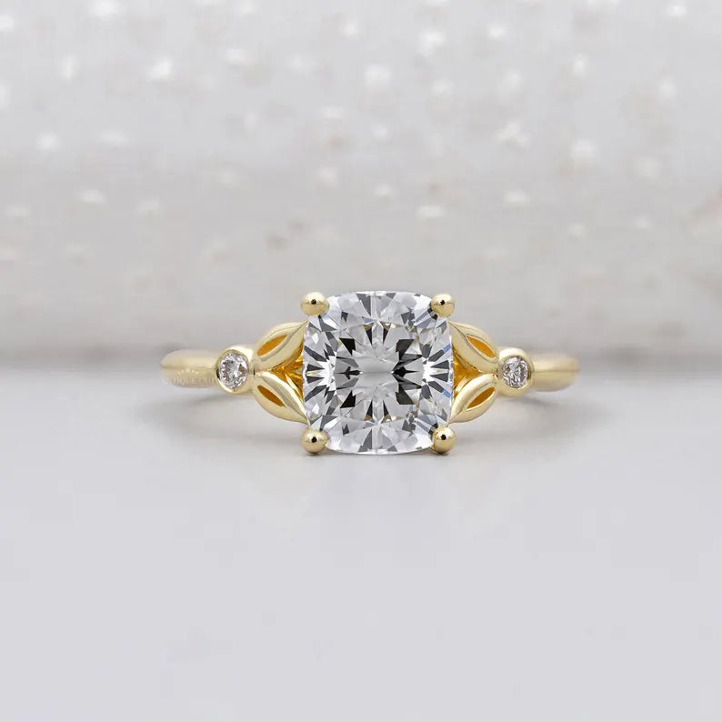 Cushion Solitaire Engagement Ring With Side Stone | Yellow Gold |  IGI Certified