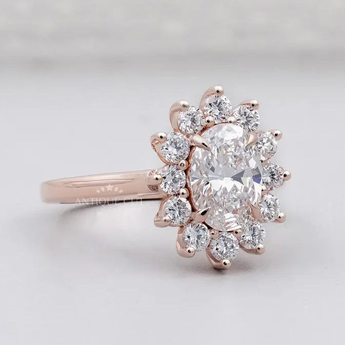 Rose gold oval halo diamond engagement ring