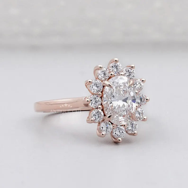 1.60TCW Oval Cut Lab Grown Diamond Halo Engagement Ring | Floral Ring | Round Diamond Accent Ring | Rose Gold | IGI Certified D-E-F VVS-VS.