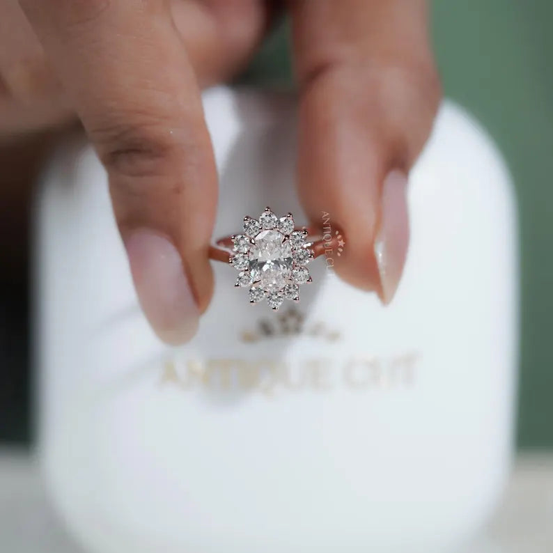 1.60TCW Oval Cut Lab Grown Diamond Halo Engagement Ring | Floral Ring | Round Diamond Accent Ring | Rose Gold | IGI Certified D-E-F VVS-VS.