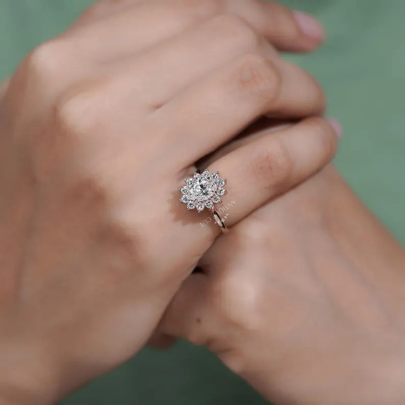 1.60TCW Oval Cut Lab Grown Diamond Halo Engagement Ring | Floral Ring | Round Diamond Accent Ring | Rose Gold | IGI Certified D-E-F VVS-VS.