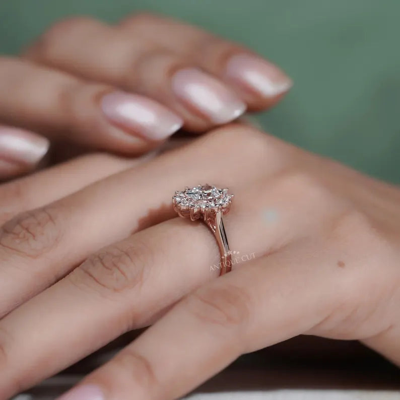 1.60TCW Oval Cut Lab Grown Diamond Halo Engagement Ring | Floral Ring | Round Diamond Accent Ring | Rose Gold | IGI Certified D-E-F VVS-VS.