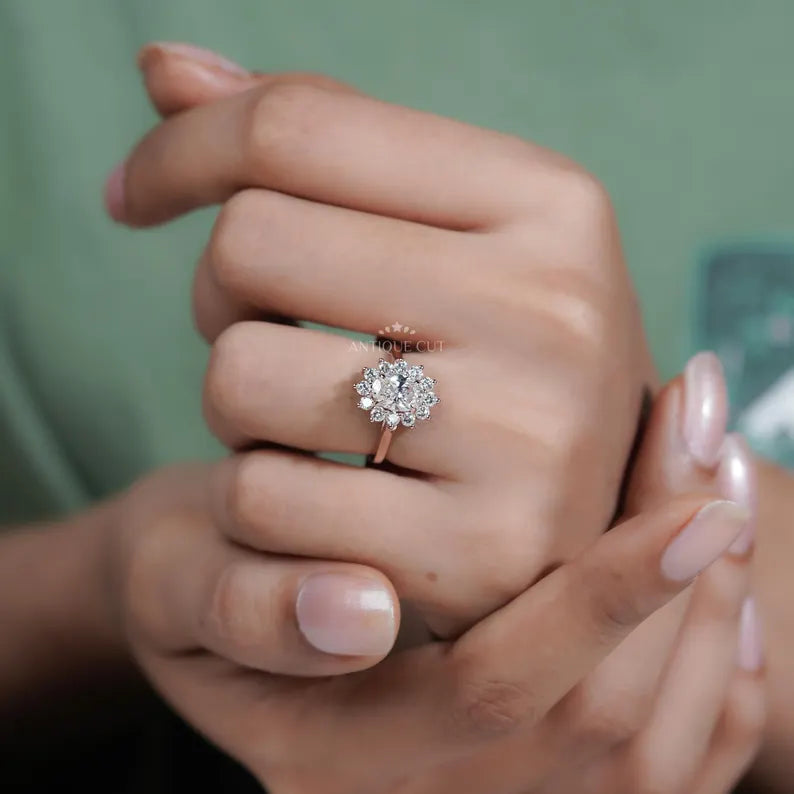 1.60TCW Oval Cut Lab Grown Diamond Halo Engagement Ring | Floral Ring | Round Diamond Accent Ring | Rose Gold | IGI Certified D-E-F VVS-VS.