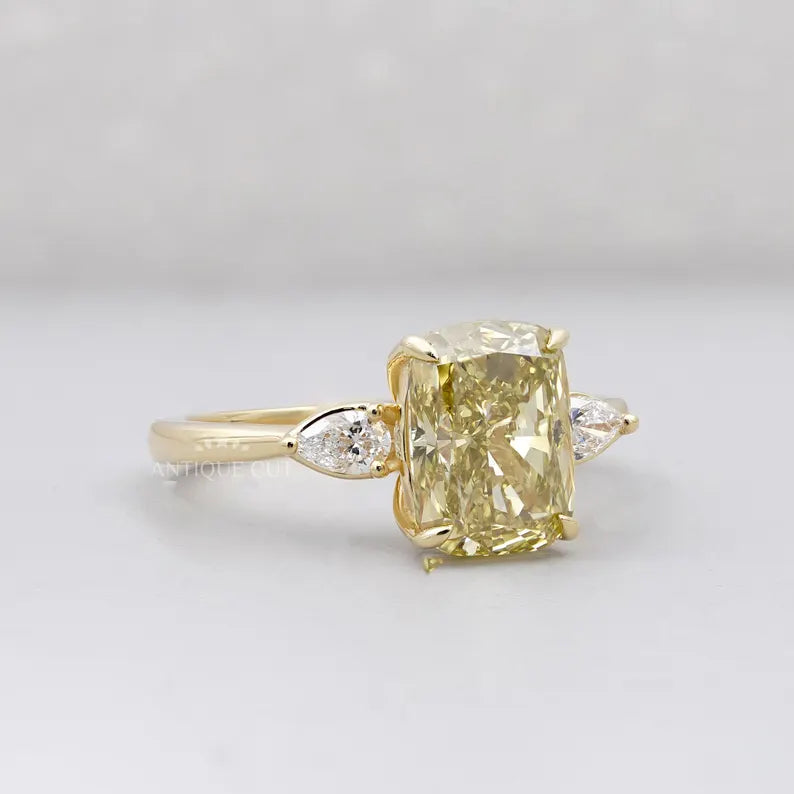 4.00tcw Cushion Cut Yellow Diamond Three-Stone Engagement Ring | Pear Side Stones | Lab Grown Diamond Ring IGI Certified D-E-F VVS-VS.