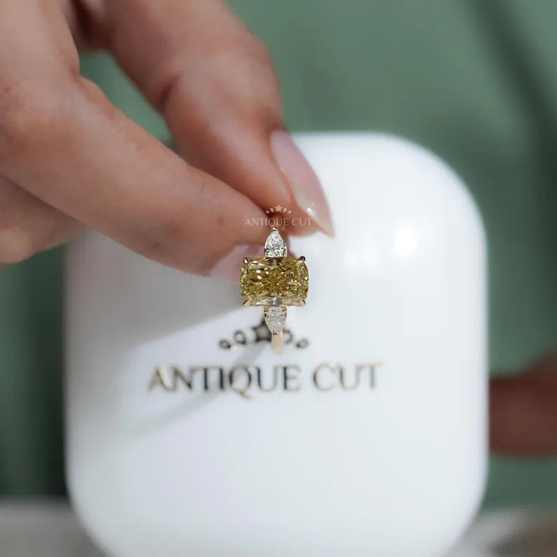 4.00tcw Cushion Cut Yellow Diamond Three-Stone Engagement Ring | Pear Side Stones | Lab Grown Diamond Ring IGI Certified D-E-F VVS-VS.