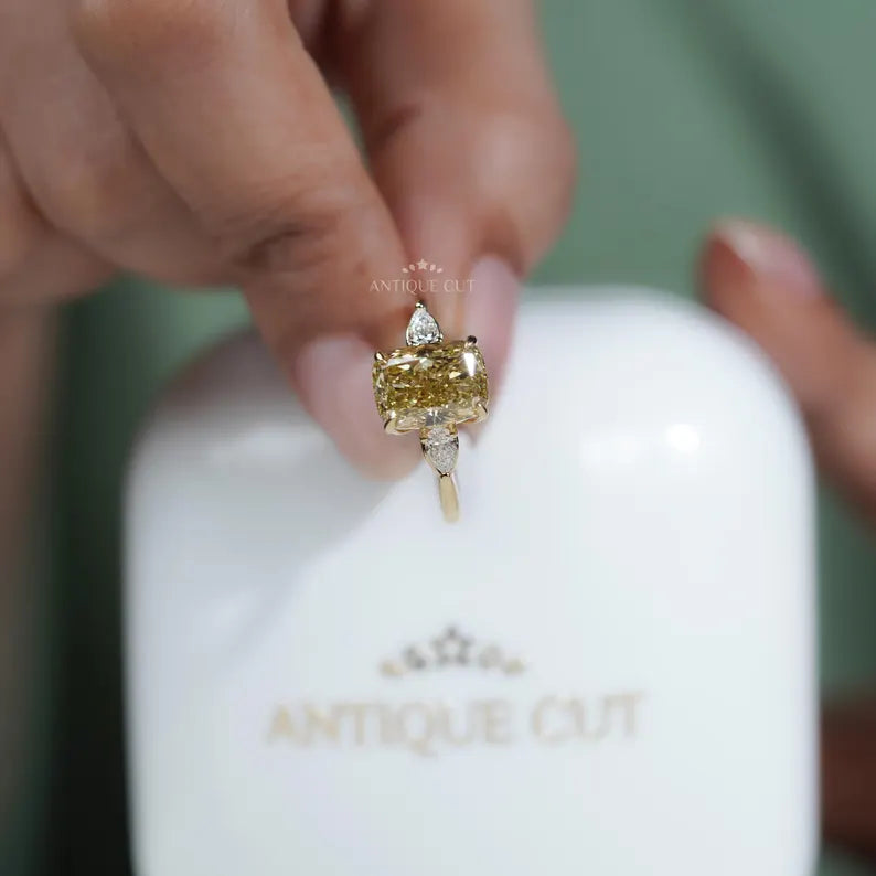 4.00tcw Cushion Cut Yellow Diamond Three-Stone Engagement Ring | Pear Side Stones | Lab Grown Diamond Ring IGI Certified D-E-F VVS-VS.