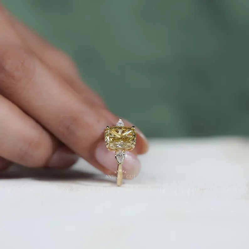 4.00tcw Cushion Cut Yellow Diamond Three-Stone Engagement Ring | Pear Side Stones | Lab Grown Diamond Ring IGI Certified D-E-F VVS-VS.