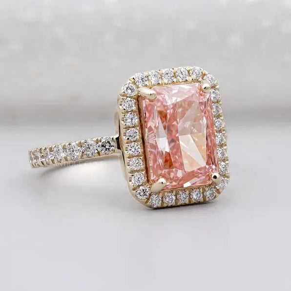 Lab grown pink radiant diamond ring pave band yellow gold