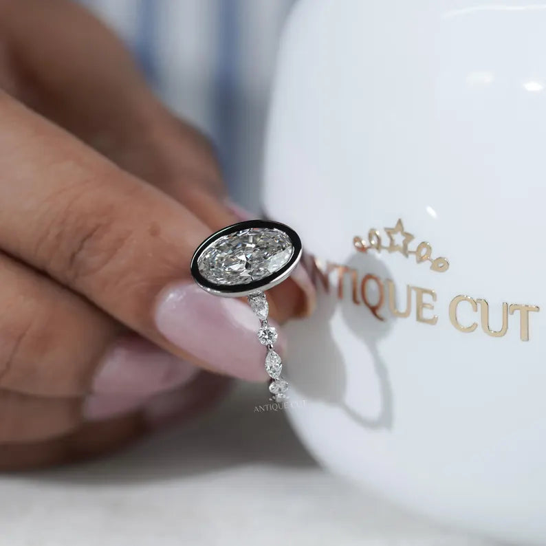 Oval 3.50tcw Bezel Set Lab Grown Diamond Engagement Ring | Yellow Gold with Side Stones | IGI Certified