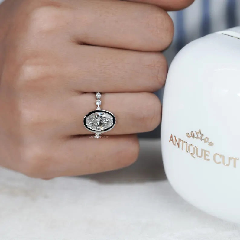 Oval 3.50tcw Bezel Set Lab Grown Diamond Engagement Ring | Yellow Gold with Side Stones | IGI Certified