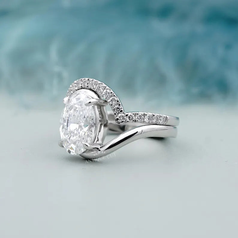 3.40TCW Oval Diamond Bypass Engagement Ring, 0.40ct Round Diamond Band, Lab Grown Diamond Ring IGI Certified D-E-F VVS-VS.