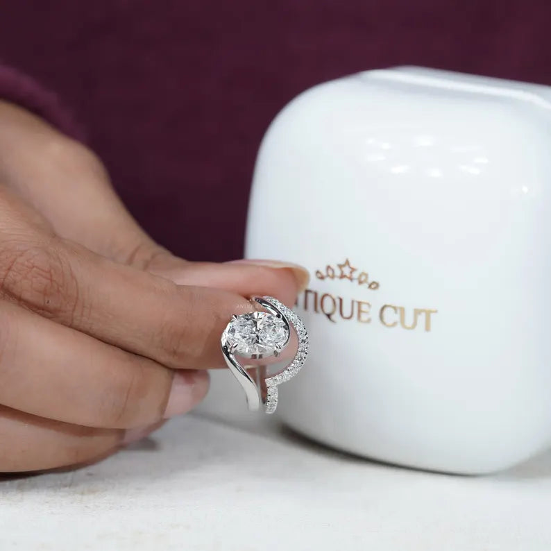 3.40TCW Oval Diamond Bypass Engagement Ring, 0.40ct Round Diamond Band, Lab Grown Diamond Ring IGI Certified D-E-F VVS-VS.