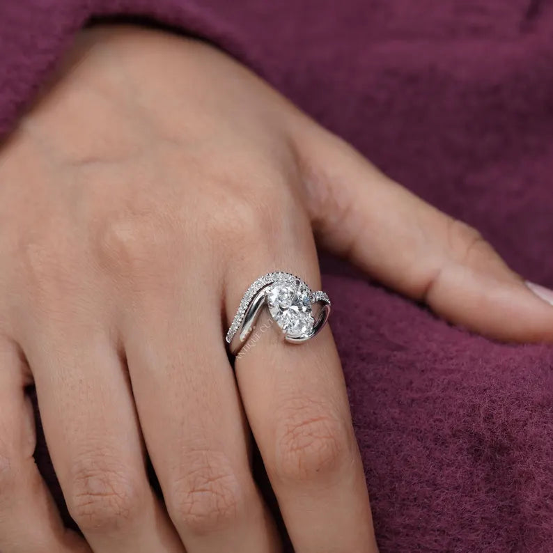 3.40TCW Oval Diamond Bypass Engagement Ring, 0.40ct Round Diamond Band, Lab Grown Diamond Ring IGI Certified D-E-F VVS-VS.