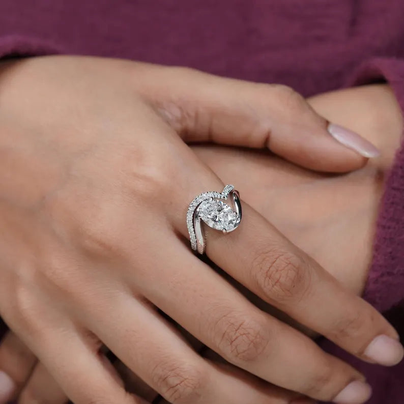 3.40TCW Oval Diamond Bypass Engagement Ring, 0.40ct Round Diamond Band, Lab Grown Diamond Ring IGI Certified D-E-F VVS-VS.