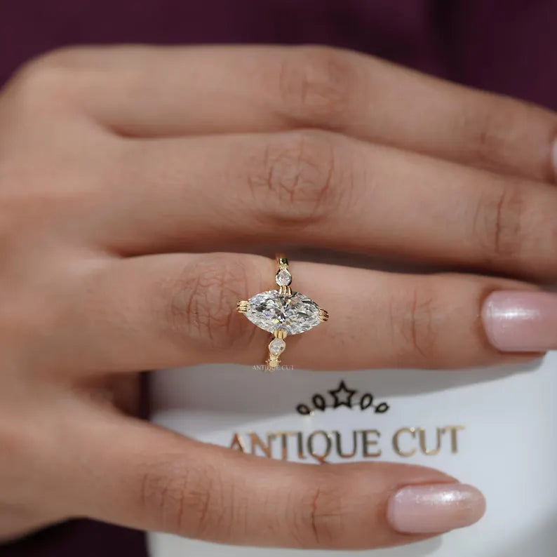 2.30 TCW Marquise Diamond Engagement Ring, 0.30ct Marquise Side Stones, Yellow Gold Three-Stone Ring , Lab Diamond Ring , IGI Certified.