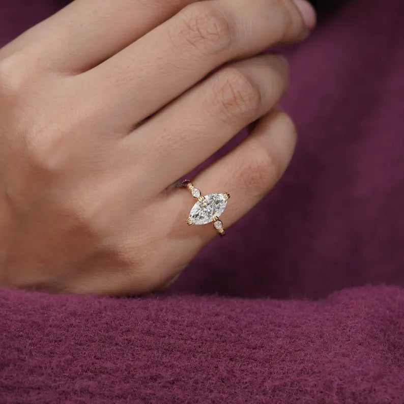 2.30 TCW Marquise Diamond Engagement Ring, 0.30ct Marquise Side Stones, Yellow Gold Three-Stone Ring , Lab Diamond Ring , IGI Certified.