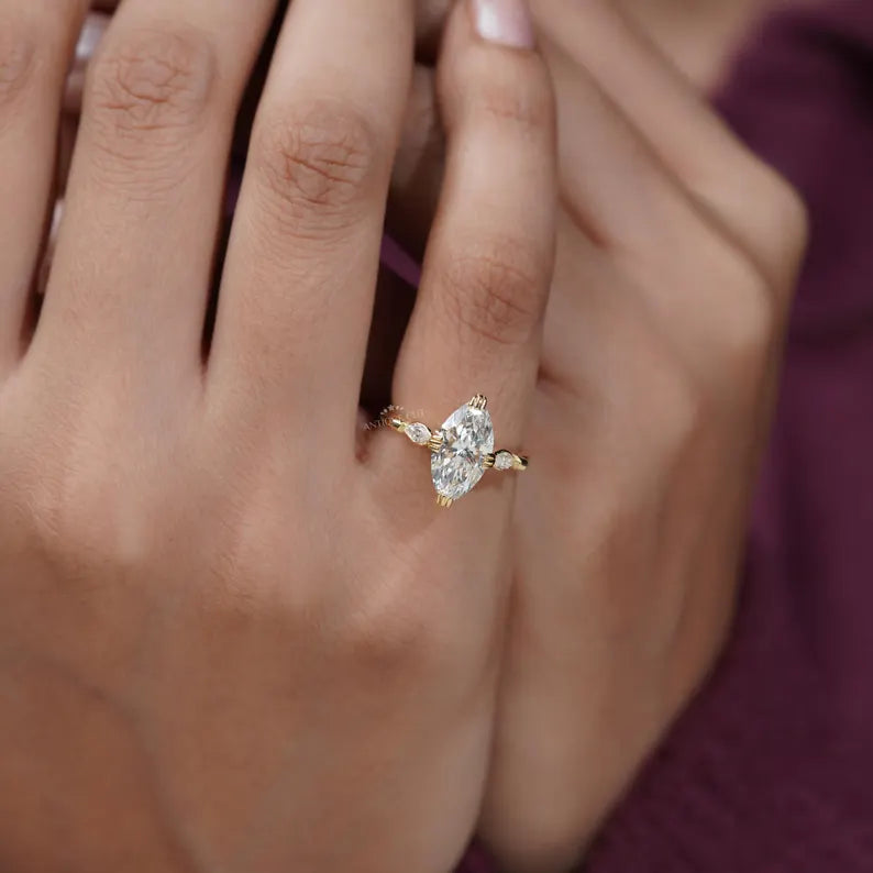 2.30 TCW Marquise Diamond Engagement Ring, 0.30ct Marquise Side Stones, Yellow Gold Three-Stone Ring , Lab Diamond Ring , IGI Certified.