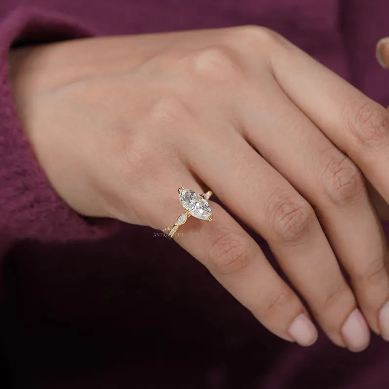 2.30 TCW Marquise Diamond Engagement Ring, 0.30ct Marquise Side Stones, Yellow Gold Three-Stone Ring , Lab Diamond Ring , IGI Certified.