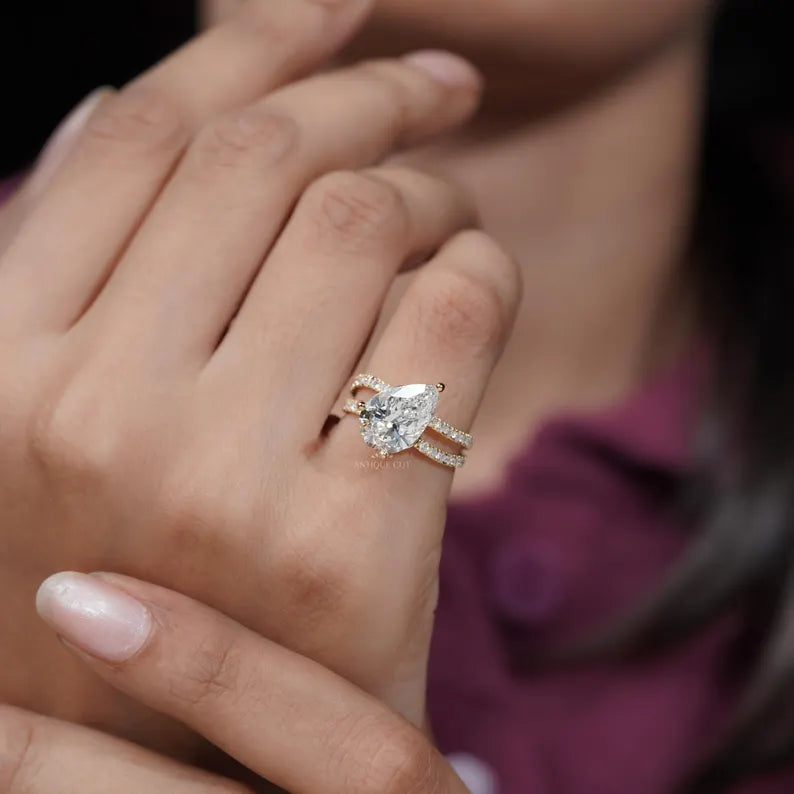 Pear 3.70tcw Lab Diamond Ring | Split Shank Pave Band | Luxury Engagement Ring